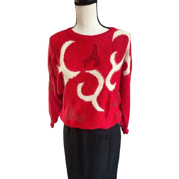 Vintage 90s Women Flame Sweater Red White Abstract Knit Pullover Sz S Bold - Picture 2 of 10